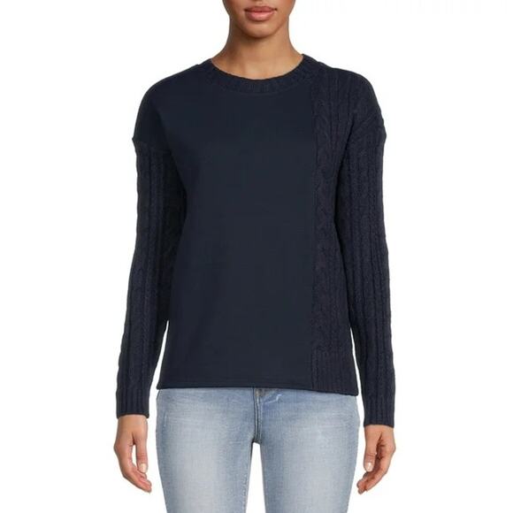 3/$20 ⭐️ Time & Tru Navy Crewneck Cable Knit Sweater Large Blue Fisherman Fall - Picture 1 of 8